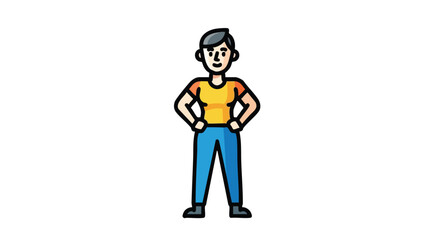A confident cartoon character with dark hair and a yellow shirt standing with hands on hips.