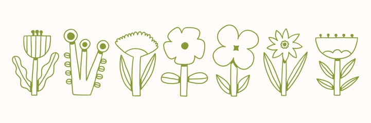 Nordic Green Liner Summer Flower Set. Abstract Geometric Floral Graphic Elements. Vector Doodle Illustration