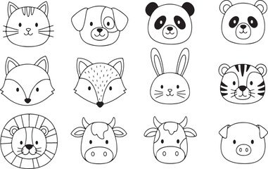 Fototapeta premium Whimsical Animal Portraits: A delightful collection of cute animal faces, each showcasing unique charm and character in simple line art.