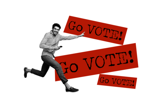 Composite trend artwork 3D image photo collage of call election choice democracy young man run hand hold smartphone remote go vote banner