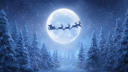 Naklejka premium Santa Claus and Reindeer Flying Across a Full Moon in a Winter Wonderland with Snowy Trees During a Magical Christmas Night Scene