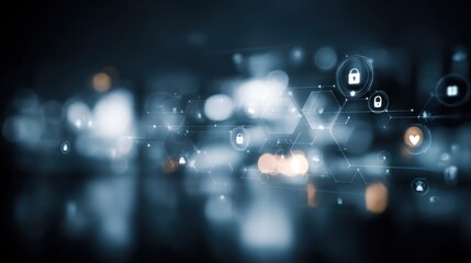 Abstract digital interface with interconnected icons representing security, technology, and data flow in a dark, blurred background.