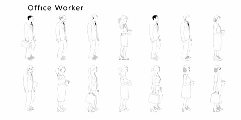 Collection of stylized line art illustrations of diverse office workers in professional attire standing and holding briefcases or coffee cups