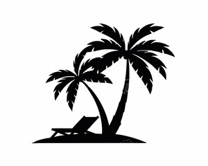 Tropical beach sunset silhouette with palm trees and a coconut leaf vector design