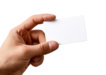 Hand Holding Small Blank White Business Card Isolated on White Background