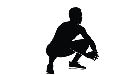 Silhouette of a man in a squatting position, looking to the side.