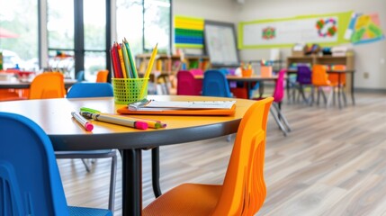 Bright and Colorful Classroom with Learning Materials and Organized Desks for Children
