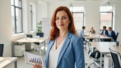 A confident businesswoman with red hair holds a tablet displaying a bar graph in a modern office setting - Powered by Adobe