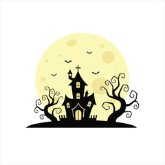 Flat Vector Spooky Haunted House Under Full Moon Illustration