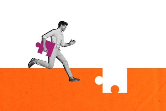 Composite photo collage of happy man run puzzle piece last element development business project isolated on painted background