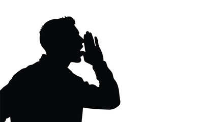 Silhouette of a man shouting with his hand to his mouth on a white background.