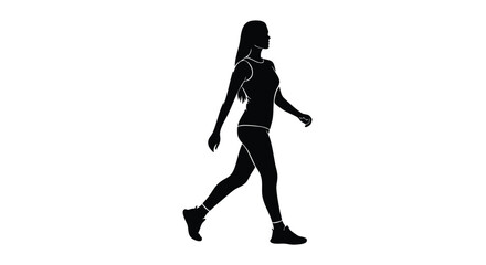 Silhouette of a woman in athletic wear walking with her body facing left and her head turned slightly to the right.