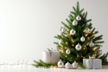 Festive christmas tree with silver ornaments and star topper