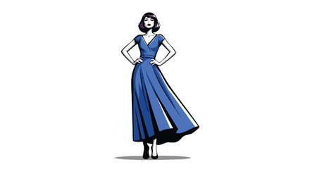 Fototapeta premium Elegant illustration of a woman in a long blue dress standing confidently with hands on hips.