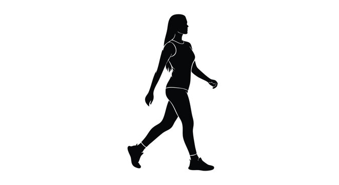Silhouette of a woman in athletic wear walking with her body facing left and her head turned slightly to the right.
