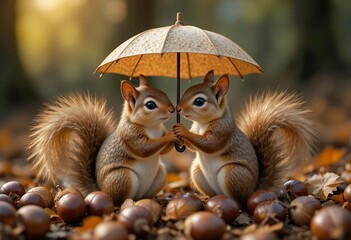 Obraz premium Squirrel couple sharing a tiny umbrella, surrounded by chestnuts and leaves, soft natural light, heartwarming scene.