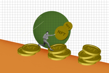 Trend artwork composite sketch collage of income money budget rich wealth earnings profit crypto coins nft young man run hold phone token