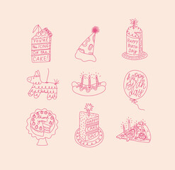 Birthday party elements with the inscription cake, hat, piñata, hot dog, balloon, pizza, dessert drawing with pink on beige background.