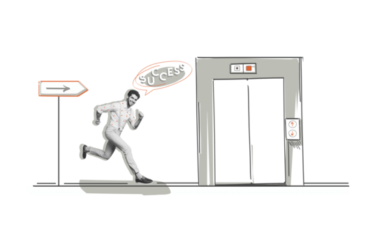 Collage 3d image of pinup pop retro sketch of running businessman employee career lift elevator success unusual fantasy billboard comics