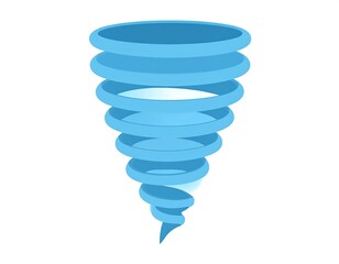 A stylized, cartoon-like depiction of a tornado against a white background, featuring layers of swirling blue shapes