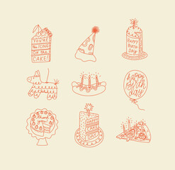Birthday party elements with the inscription cake, hat, piñata, hot dog, balloon, pizza, dessert drawing with orange on beige background.