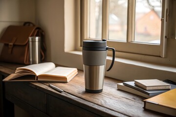 Eco-friendly coffee tumbler with daylight reflections
