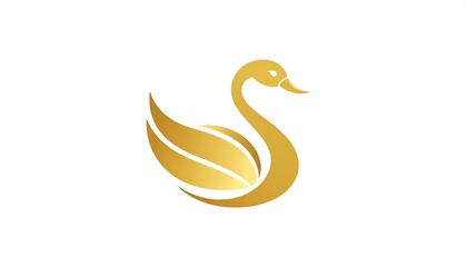 Fototapeta premium A stylized golden swan icon, featuring a curved neck and body, and an integrated leaf-like wing design, against a white background