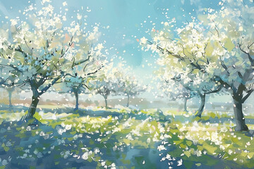 Impressionistic painting capturing the essence of a blooming orchard in spring