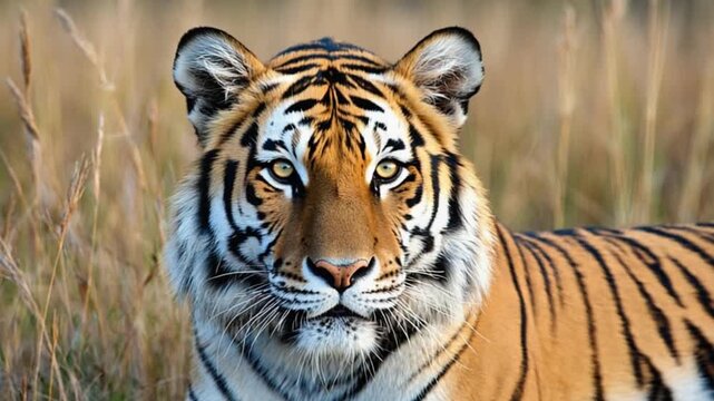 Close up shot of a tiger facing forward with tall grass in the background on a sunny day outside tiger video