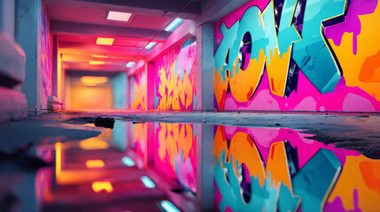 A colorful graffiti mural on a concrete wall in an urban setting, reflecting off the wet ground below