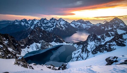 A stunning vista showcasing rugged peaks, snow-covered slopes, and icy lakes reflecting the vibrant hues of a sunrise sky