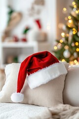 Fototapeta premium Cozy christmas scene with santa hat on bed and festive holiday decorations
