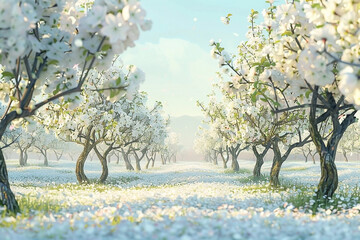Enchanting spring landscape with blossoming white trees and ethereal light