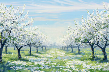 Enchanted Orchard: A Serene Landscape of Blossoming Trees in Radiant White