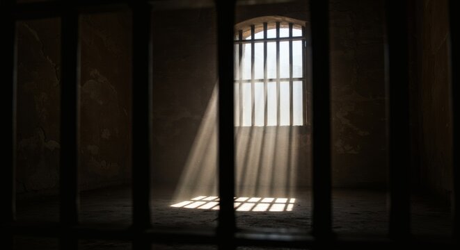 Hopes Light Sunlight streaming through prison bars with illuminating freedom.
