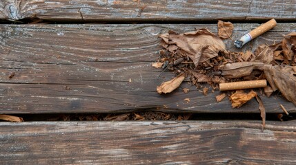 Discarded Cigarette Butts and Dry Leaves on Weathered Wooden Surface in an Outdoor Setting