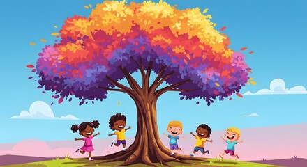 Cartoon depicting diverse children joyfully leaping beneath a vibrant, multi-hued tree