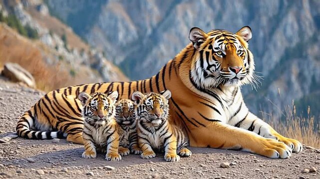 A tiger lying down with three cubs sitting in front on a rocky surface with a mountain background tiger video