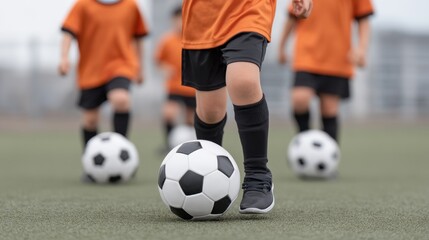 Obraz premium Young Children in Orange Soccer Jerseys Playing with Soccer Balls on Grass Field During Daylight Practice Session for Youth Sports