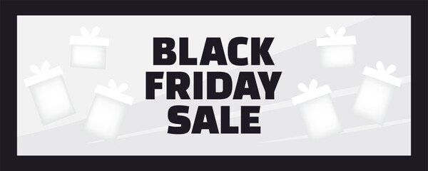 A minimalist Black Friday sale banner with 3D gifts and dark background, elegant discount promotion design for online stores, festive shopping concept