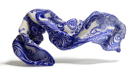 Elegant silk scarf with blue and white pattern floating on white background