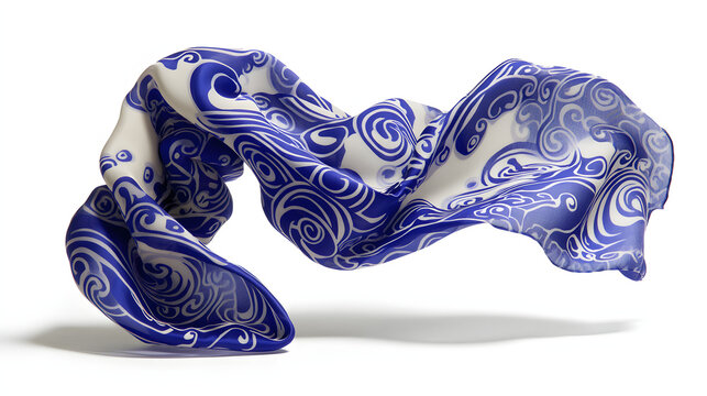 Elegant silk scarf with blue and white pattern floating on white background