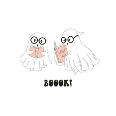Retro Cute Halloween Ghosts Reading Books Clipart Set. Spooky Bookish Vintage Aesthetic Stickers for Journaling, Scrapbooking, Digital Planners and Book Lovers