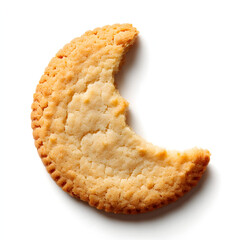 A crescent moon shaped cookie with a bite isolated on white background
