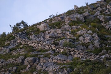 Section of the Rørsethornet Stone Staircase, with 3292 steps one of the longest continuous stone staircases in the world, Sherpat Staircase or Midsund Staircase or Midsundtrappene, Rørsethornet hike, evening light, Otroya Island or Otrøya, Møre og Romsdal, Norway