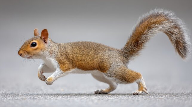 Playful squirrel running across a path with a bushy tail and bright eyes in a natural outdoor environment, showcasing agility and liveliness in wildlife