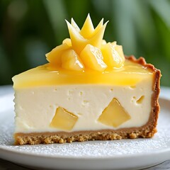 a luxurious pineapple cheesecake slice on a plate
