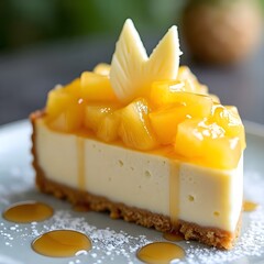a luxurious pineapple cheesecake slice on a plate