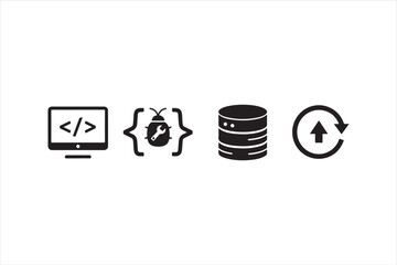 Software development process icons includes coding, debugging, database, and data synchronization symbols for web and app design