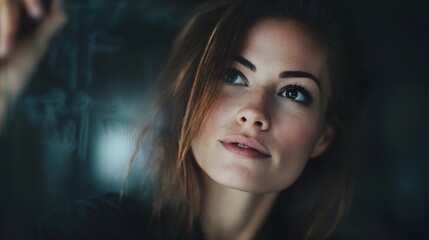 A focused young woman with freckles contemplates ideas while looking towards a blurred chalkboard covered in equations and notes illuminated by soft